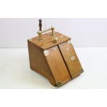 Early 20th century oak coal scuttle with brass mounts, reeded handle & scoop, converted to a storage