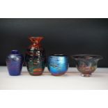 Group of studio art glass to include a Norman Stuart Clarke iridescent glass vase (signed), Mdina