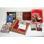 Mixed collectables to include two albums of PHQs, writing slope, 2 x Royal Crown Derby Imari