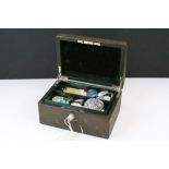 Early 20th Century leather cased jewellery box with a velvet interior including turquoise, mother of