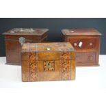 A miniature mahogany chest of two long drawers, 19cm high =, a walnut inlaid work box, 25cm wide,