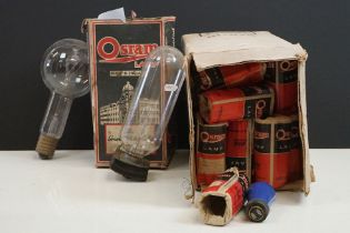 Group of mid Century Osram light bulbs including a box full of blue light bulbs.