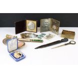 Box of trinkets to include mother-of-pearl snuff box, 19th century tintype of a woman, mother-of-