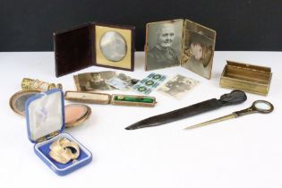 Box of trinkets to include mother-of-pearl snuff box, 19th century tintype of a woman, mother-of-