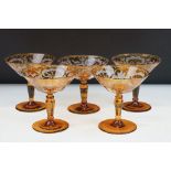 Set of five Bohemian glass flash glass glasses having a yellow ground with etched detailing to the