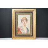 A framed oil painting portrait of an elegant woman in Eastern costume, 28 x 18cm