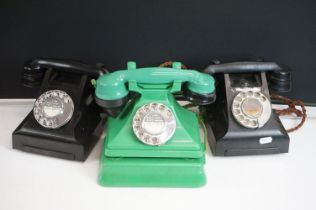 Three vintage early plastic telephones, to include: ATM green telephone with bell set, an AEP