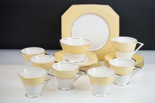 Mid Century Art Deco Palissy tea set of angular design having yellow and gold striped details. The