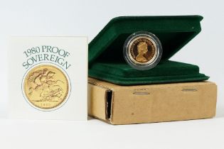 A Royal Mint United Kingdom Queen Elizabeth II 1980 proof gold full sovereign coin, complete with