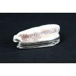 White metal topped shell snuff box, hinged lid, dimensions approx 7 x 3.5cm