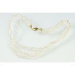 Freshwater pearl three strand necklace with 18ct yellow gold hook and box clasp, length approx 46cm,
