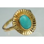 Turquoise yellow metal sunburst ring, oval cabochon turquoise stone, dimensions approx 8.5mm x