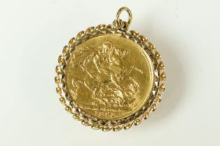 Full sovereign coin pendant, Victoria 1891, 9ct gold mount