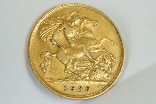 A British King Edward VII 1909 gold half sovereign coin.