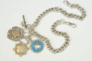 Victorian silver double albert chain having graduating curb links, T bar, two swivel clasps, two