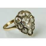 18th century diamond cluster ring head with later 18ct yellow gold ring shank; rose cut pear