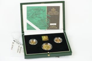 A Royal Mint United Kingdom Queen Elizabeth II 2001 gold proof sovereign three coin collection to