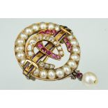 19th century ruby, diamond and pearl brooch, the two central entwined horse shoe motifs set with