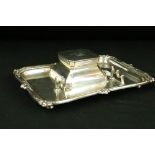 1920s silver hallmarked ink well and drip tray. The ink well of canted square form set within a