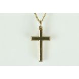 9ct hallmarked cross pendant with a round bale to top, mounted on a flat link necklace chain with