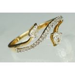 Diamond 14ct yellow gold ring, two pear shaped diamonds, claw set, dimensions approx 2.5mm x 3.