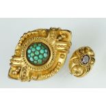 19th century turquoise yellow metal brooch, cabochon turquoise cluster to the centre, rope twist and