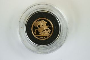 A Royal Mint United Kingdom 2009 Queen Elizabeth II gold proof Quarter Sovereign coin,