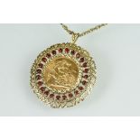 Queen Elizabeth II full sovereign coin pendant necklace, the coin dated 1974, garnet surround, 9ct