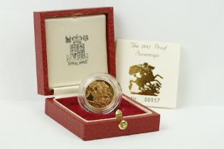 A British Royal Mint Queen Elizabeth II 1985 gold proof full sovereign coin within red Royal Mint