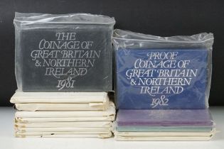 A collection of eleven Royal Mint uncirculated coin year sets to include 1970, 1971, 1972, 1973,