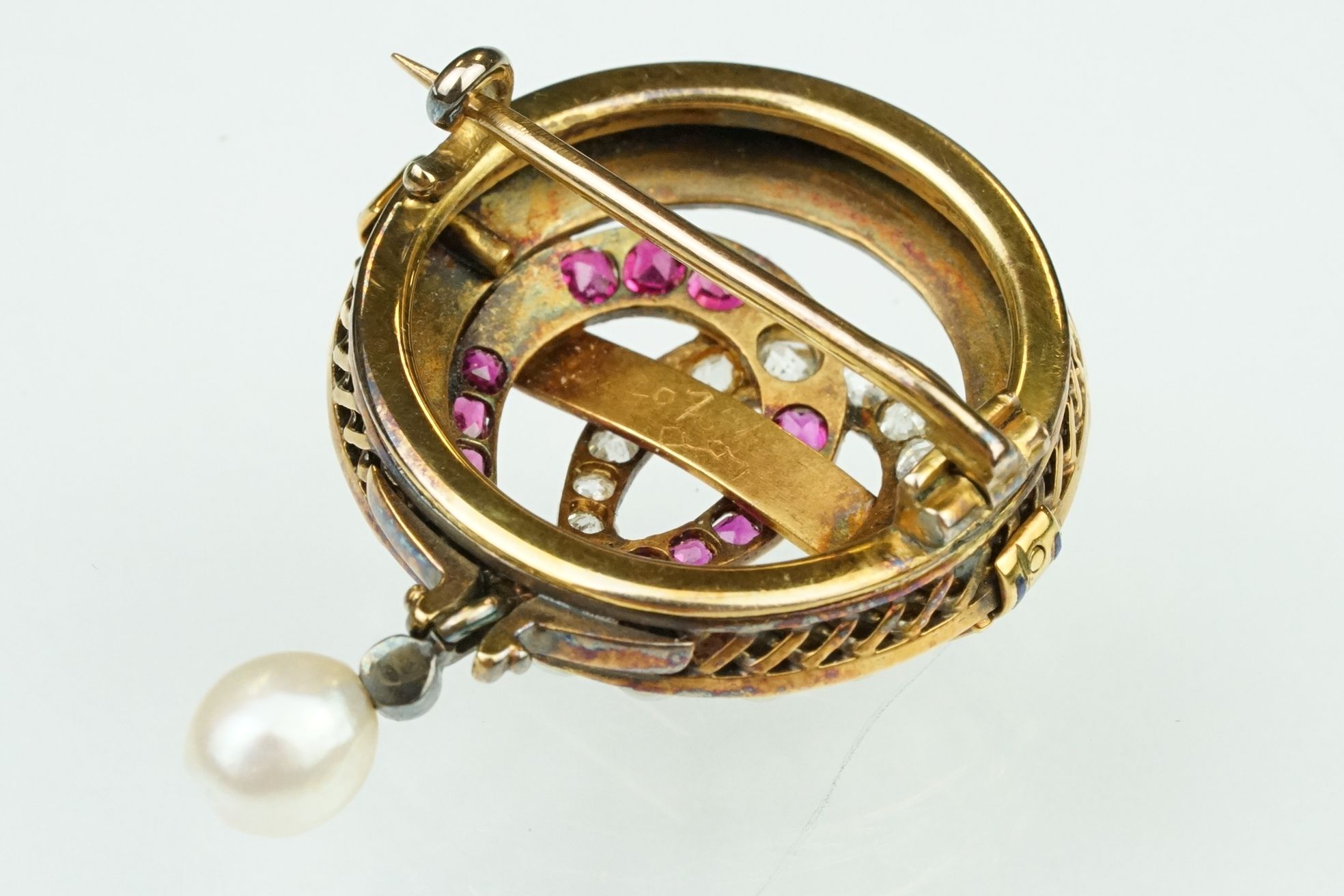 19th century ruby, diamond and pearl brooch, the two central entwined horse shoe motifs set with - Image 9 of 13