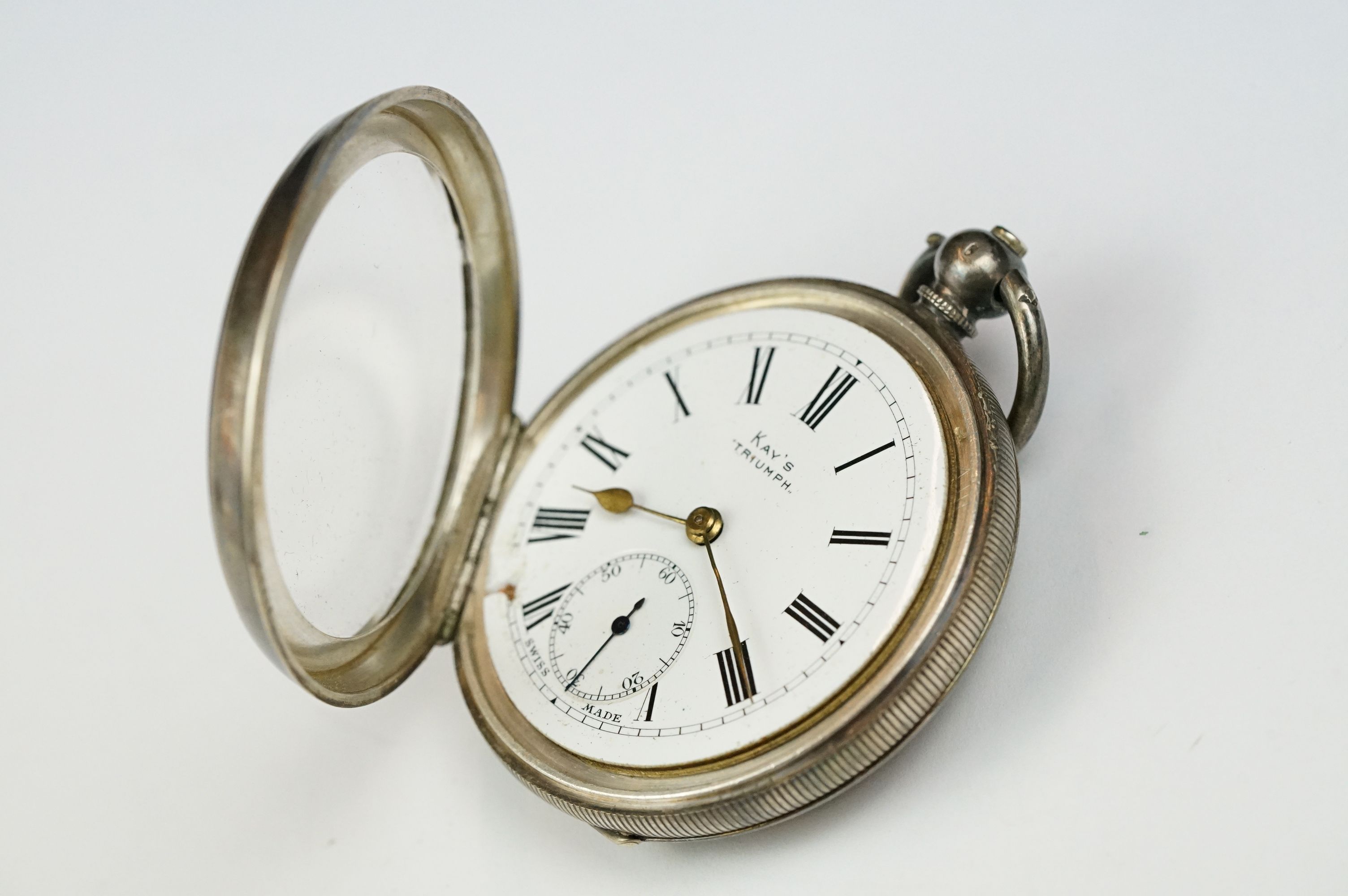 Kay's Triumph silver open face key wind pocket watch, white enamel dial and seconds dial, black - Image 7 of 8