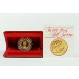 A British Royal Mint Queen Elizabeth II 1980 gold proof half sovereign coin within red Royal Mint