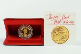 A British Royal Mint Queen Elizabeth II 1980 gold proof half sovereign coin within red Royal Mint