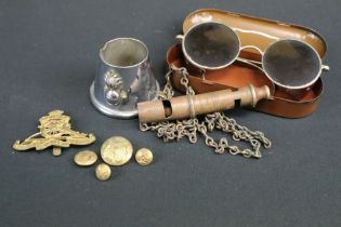 A Small Group Of Mixed Military Collectables To Include A Whistle, Badges, Button And A Pair Of