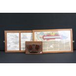 Two naval framed pictures to include 'Rules of the Navy' together with a wooden naval wall plaque.