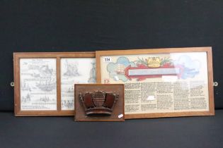 Two naval framed pictures to include 'Rules of the Navy' together with a wooden naval wall plaque.