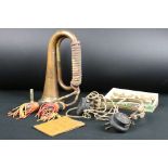 A small collection of mixed military collectables to include a copper & brass bugle, radio