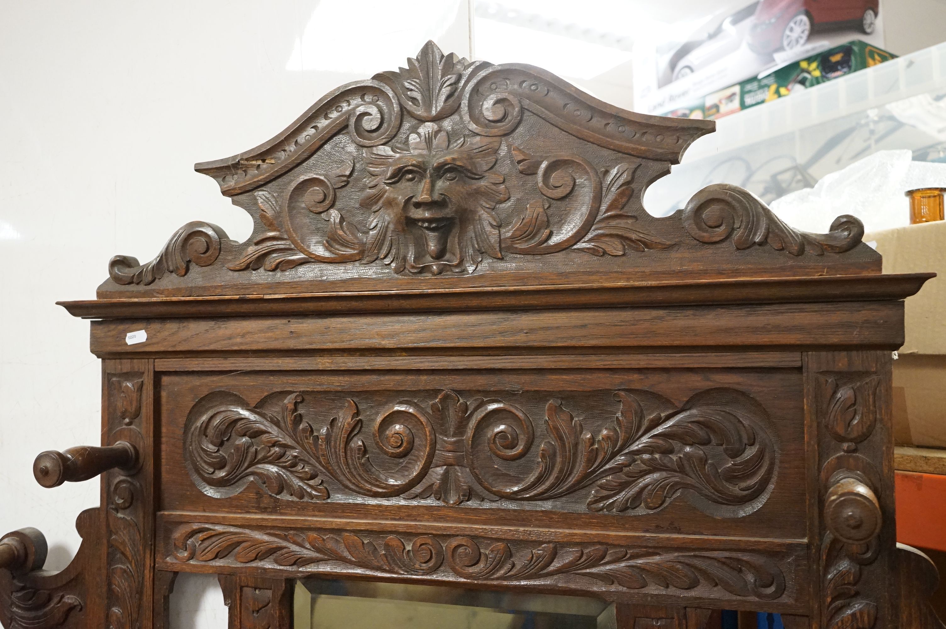 Victorian Oak Hall Stand / Hallstand, heavily carved with foliage scrolls and green man mask, with - Image 2 of 12