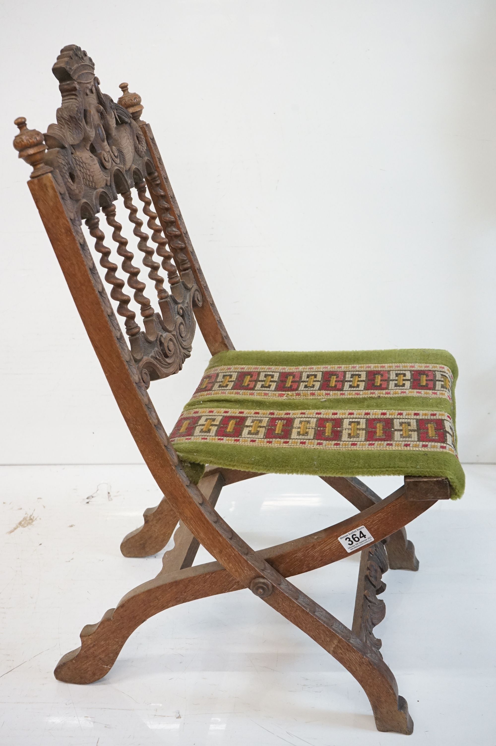 Victorian Walnut Carved Folding Chair, the cresting rail carved with two dolphins or fish beneath - Image 5 of 8