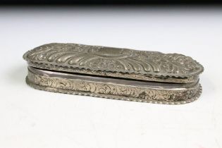 A fully hallmarked sterling silver box, hinged lid with repousse decoration and engraved