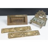 Brass door letter box, together with a pair of embossed brass door finger plates (27.5cm long) and a