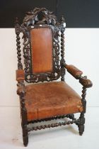 19th century Substantial Oak Hall Elbow Chair in the Carolean manner, heavily carved with vines,
