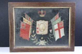 An early 20th century silk embroidered flag design picture, with central silk embroidered photo