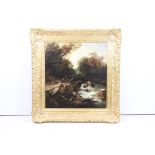 English School, riverscape with figures and a bridge, oil on canvas, initialled TC lower right and