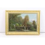 English School, figures by a bridge amongst the trees, frame inscribed ' Snuff Mill Bridge,