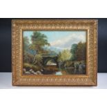 W Graham, riverscape, with a figure in red on a bridge, signed lower right and dated 1886, oil on