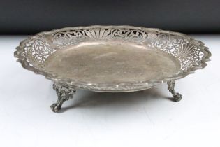 A large fully hallmarked sterling silver three footed tray, assay marked for Sheffield, maker marked