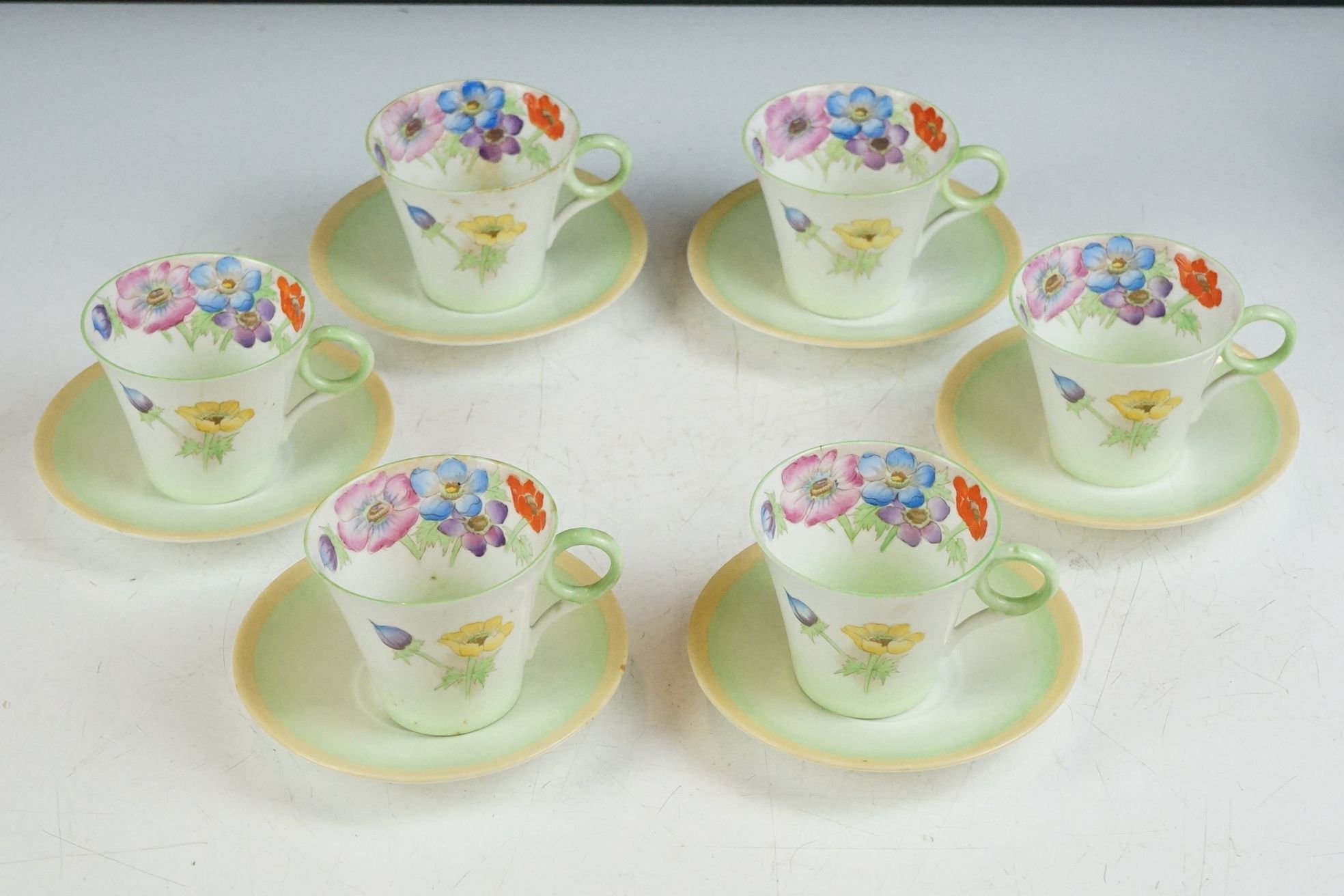 Shelley 'Anemone' pattern coffee set, pattern no. 12072, to include coffee pot & cover, 6 cups, 6 - Image 2 of 15