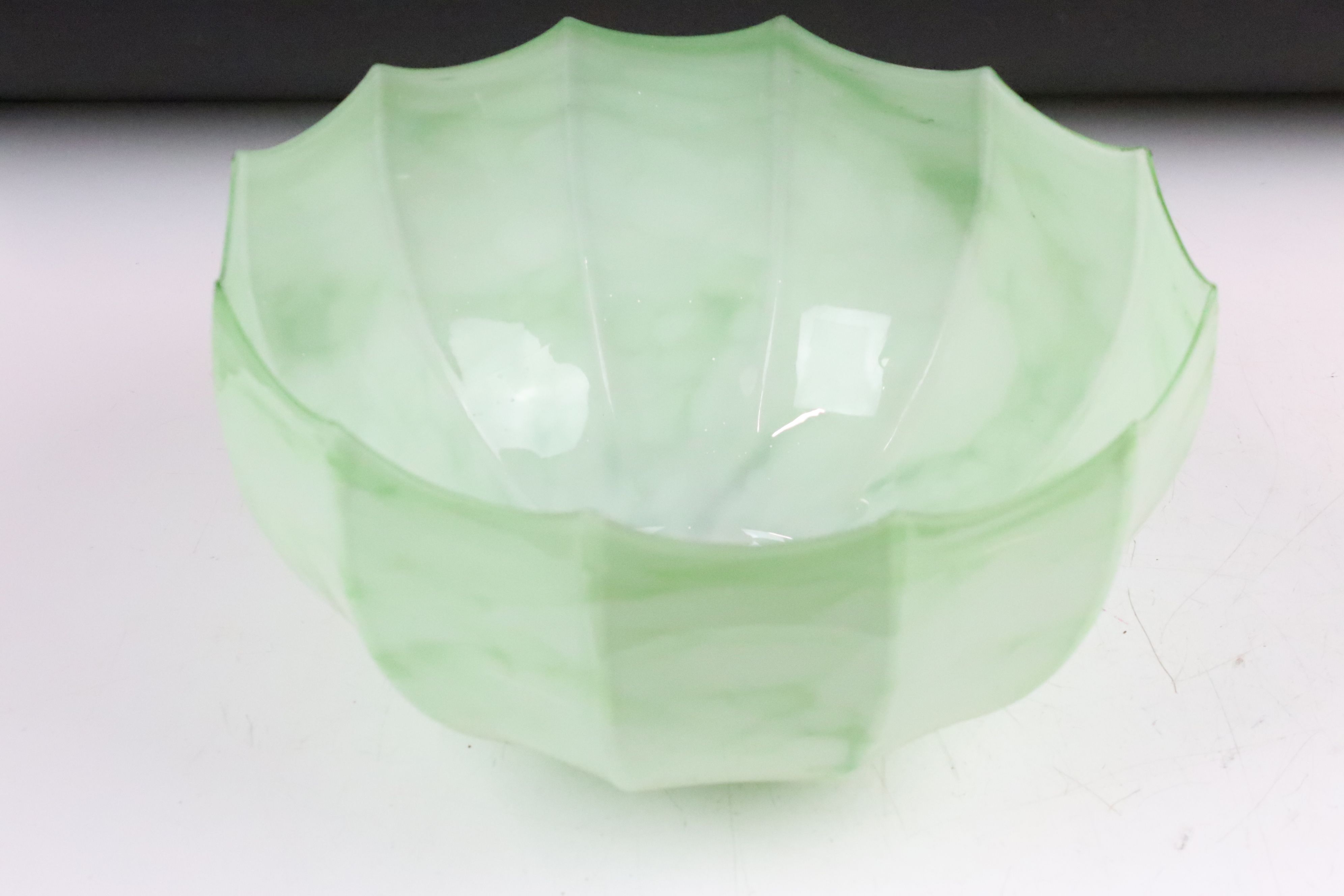 Three glass light shades to include an Art Deco green streaked example (approx 25cm wide), 19th - Image 7 of 7